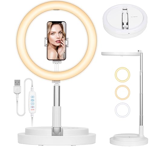 TARION Ringlicht mit Stativ LED Ringleuchte: Tisch Ring Light 11,8 Zoll Ringlampe Lichtring Faltbare Ringlight mit Handyhalterung Handy Stativ für Smartphone Video Fotografie Live Steaming(Weiß) von TARION