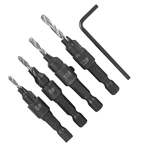 Counter Sink Drill Bit für Holz, Metallbohrer Bit Set für Stahl 4pcs Kohlenstoffstahlbohrer Kit Hex Shank Countersink Bohrbit Set 6-12# Carbide Drill-Bohrer mit Sechskantschlüssel von TARSHYRY