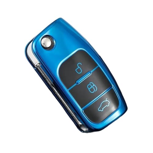 Autofernbedienungen TPU Auto Flip Key Case Cover Shell Fob Schlüsselanhänger Für Ford Für Focus 2 MK2 Für Fiesta Für Mondeo Für Galaxy Für Falcon Für Territory Autoschlüssel Hülle(Blue) von TASEKI