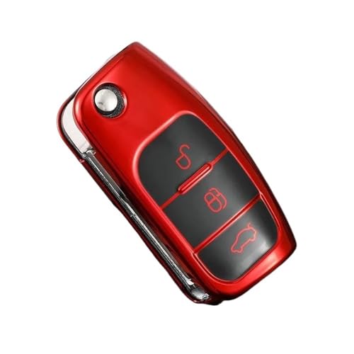 Autofernbedienungen TPU Auto Flip Key Case Cover Shell Fob Schlüsselanhänger Für Ford Für Focus 2 MK2 Für Fiesta Für Mondeo Für Galaxy Für Falcon Für Territory Autoschlüssel Hülle(Rood) von TASEKI