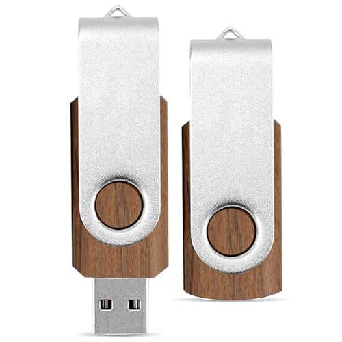 USB Stick 32GB 2 Stück TATMOHIK Schlüsselanhänger USB Speicherstick 2er Pack USB 2.0 Memory Stick Holz USB Flash Drive mit Drehbarer Metallclip (32 GB, 2.0, Silberclip) von TATMOHIK