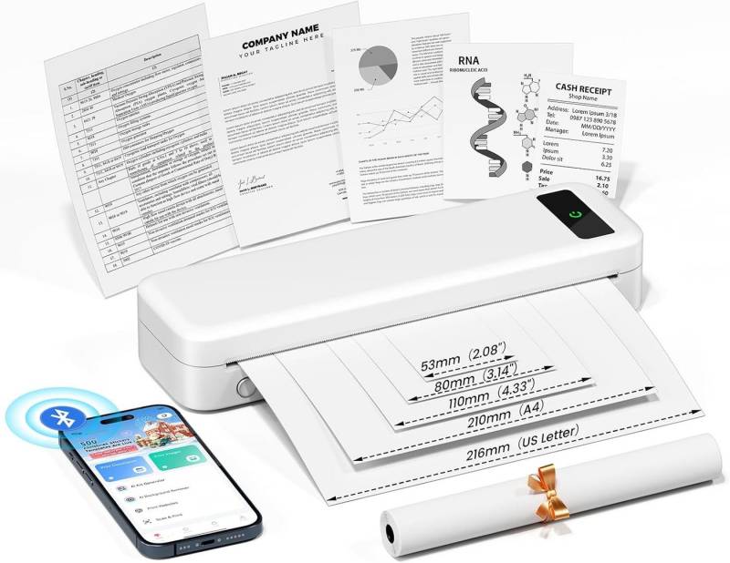 TATTMUSE A4, 300 DPI Bluetooth-Rechnungen, Lernen, tragbarer mobiler Drucker, (WLAN (Wi-Fi), mit Telefon, Laptop, monochromer Reisedrucker, nur Thermopapier) von TATTMUSE