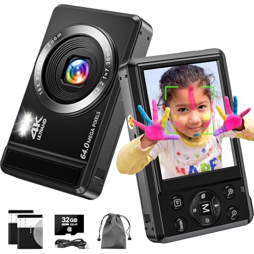 Digitalkamera 4K Autofokus UHD Kompaktkameras - 64MP Wiederaufladbare Vlogging-Kamera mit 32GB Karte & 2 Batterien, Tragbare Mini Kameras mit 16X Digitalzoom für Kinder Anfänger Jugendliche von TAUAHA