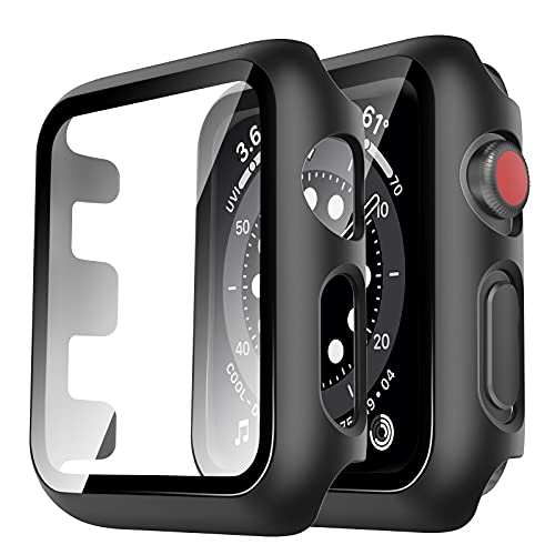 TAURI 2 Stück Hülle Mit Tempered Glass Displayschutz Designed für Apple Watch 42mm Series 3 2 1 360° Rundum Schutzhülle Ultradünne PC Hardcase Kompatibel Mit iWatch 42mm - Schwarz von TAURI