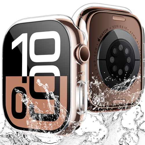 TAURI 2 Stück Harte PC wasserdichte Hülle für Apple Watch Series 10 42mm, [360° stoßfest] mit Hoher Empfindlichkeit 9H Gehärteter Glas Displayschutz, Kratzfeste Schutzhülle - Schwarz von TAURI