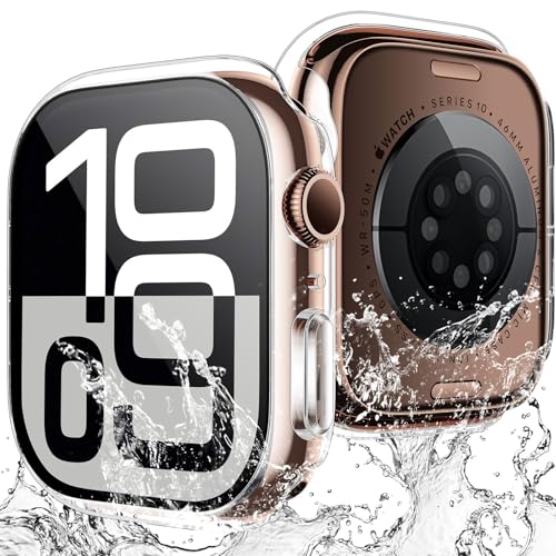 TAURI 2 Stück Harte PC wasserdichte Hülle für Apple Watch Series 10 46mm, [360° stoßfest] mit Hoher Empfindlichkeit 9H Gehärteter Glas Displayschutz, Kratzfeste Schutzhülle - Schwarz von TAURI