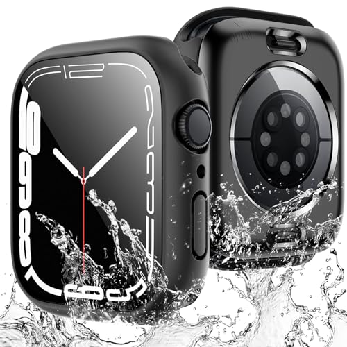 TAURI 2er-Pack wasserdichte Hülle für Apple Watch Series 9 (2023) Series 8/7 41 mm, [IP67 wasserdicht Zertifiziert] mit 9H-Displayschutz aus gehärtetem Glas – Schwarz von TAURI