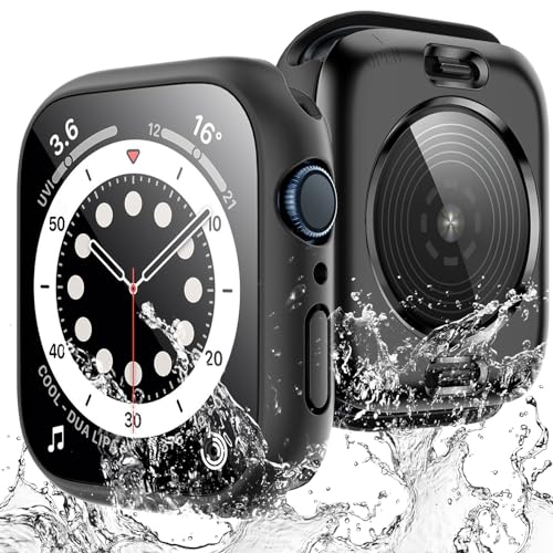 TAURI 2 Stück Harte PC Wasserdichte Hülle für Apple Watch SE (2022/2020) /Series 6 5 4 44mm, [360° stoßfest] mit Hoher Empfindlichkeit 9H Gehärteter Glas Displayschutz, Kratzfeste Schutzhülle -Schwarz von TAURI