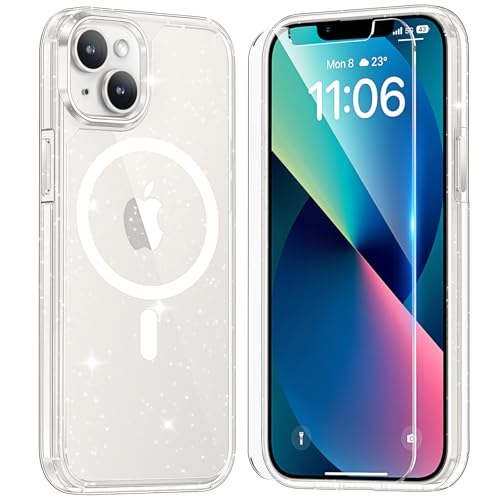 TAURI 3-in-1 Magnetische Schutzhülle für iPhone 14 [entworfen für Magsafe] mit 2 x Displayschutzfolien, [vergilbungsfrei] Bling Cute Sparkly Phone Case, Glitzer Klar von TAURI