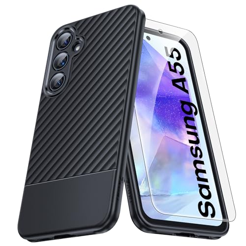 TAURI 3 in 1 für Samsung Galaxy A55 5G Hülle, [Militärischer Schutz] Stoßfest Schutzhülle Kratzfest Case mit 2 Stück Schutzfolie -Schwarz von TAURI