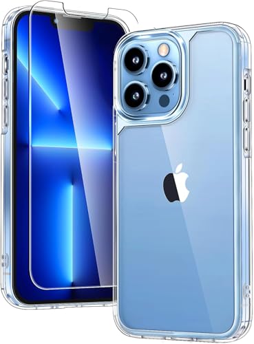 TAURI 3 in 1 für iPhone 13 Pro Hülle 6,1" mit 2 Stück Panzerglas Schutzfolie, Schutz nach Militärstandard, [Anti-Vergilbung] Stoßfest Transparent Handyhülle - Durchsichtig von TAURI