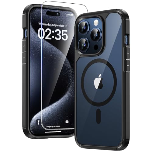 TAURI 3 in 1 für iPhone 15 Pro Hülle 6,1" mit 2 Stück Panzerglas Schutzfolie, Kompatibel mit MagSafe, Schutz nach Militärstandard, [Anti-Vergilbung] Stoßfest Magnetisch Handyhülle - Schwarz von TAURI