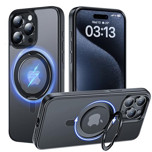 TAURI 360° drehbarer magnetischer Ständer für iPhone 15 Pro Max Hülle [Magsafe-kompatibel] [Schutz in Militärqualität] schlanke Anti-Fingerabdruck-Handyhülle 6,7 Zoll (Schwarz) von TAURI