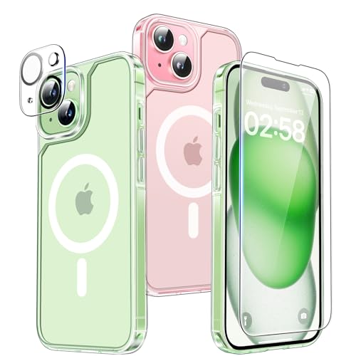 TAURI [5 in 1 Magnetisch für iPhone 15 Plus Hülle [kompatibel mit Magnetkraft] mit 2X Schutzfolie + 2X Kamera Glasfolie für Kameraschutz, Durchscheinende Militärschutz - Transparent von TAURI