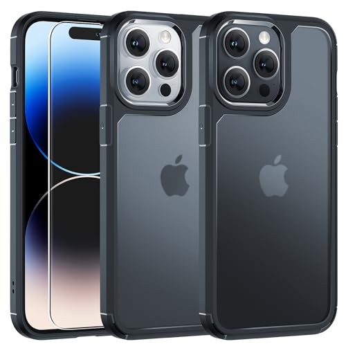 TAURI 3 in 1 für iPhone 14 Pro Hülle, 1 Handyhülle+2 Schutzfolie, [Nie Vergilbung] Handyhülle für iPhone 14 Pro Case Schlanke Stoßfeste Anti-Kratzt - Matte Black von TAURI