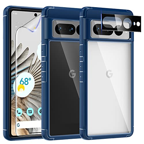 TAURI [5 in 1 für Google Pixel 7 Pro Hülle 5G mit Schutzfolie, mit 1 Handyhülle + 2 Stück Schutzfolie + 2 Stück Kameraschutz [Militärischer Schutz] Anti-Gelb Stoßfest Case 360 Grad Schutzhülle - Blau von TAURI