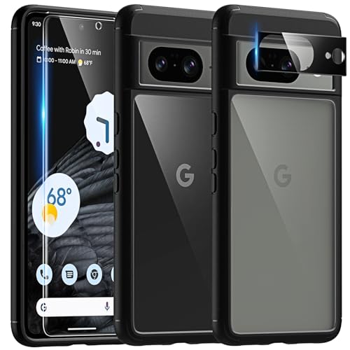 TAURI 5 in 1 für Google Pixel 8 Hülle, Handyhülle für Google Pixel 8 Case, mit 1 Handyhülle + 2 Stück TPU Folie + 2 Stück Kameraschutz, Anti-Gelb Stoßfest 360 Grad Schutzhülle - Schwarz von TAURI