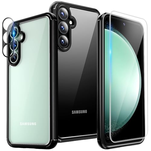 TAURI 5 in 1 für Samsung Galaxy S23 FE Hülle, Handyhülle für Samsung S23 FE Case,1 Handyhülle + 2 Stück Schutzfolie + 2 Stück Kameraschutz, Anti-Gelb Stoßfest Case 360 Grad Schutzhülle - Schwarz von TAURI