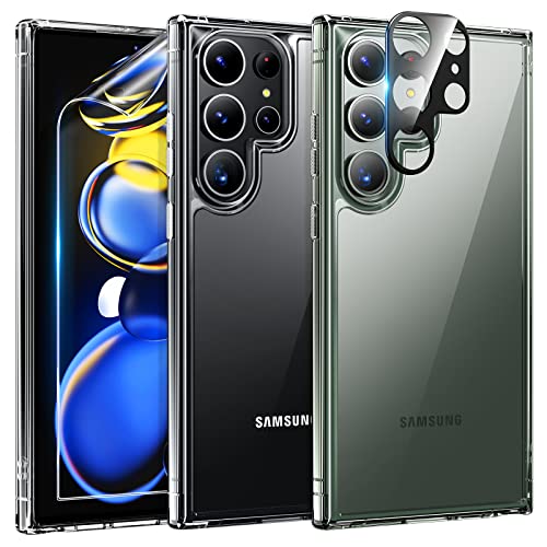 TAURI 5 in 1 für Samsung Galaxy S23 Ultra Hülle 5G mit 1 Handyhülle + 2 Stück TPU Schutzfolie + 2 Stück Kameraschutz [Militärischer Schutz] Anti-Gelb Stoßfest-Transparent von TAURI