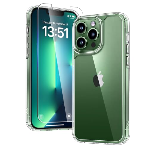 TAURI 5 in 1 für iPhone 13 Pro Max Hülle, Handyhülle für iPhone 13 Pro Max Case, mit 1 Handyhülle + 2 Stück Schutzfolie + 2 Stück Kameraschutz, Anti-Gelb Stoßfest Schutzhülle - Transparent von TAURI