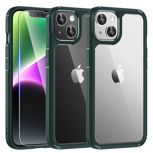 TAURI 5 in 1 für iPhone 14 Plus Hülle mit Schutzfolie, mit 1 Handyhülle + 2 Stück Schutzfolie + 2 Stück Kameraschutz [Militärischer Schutz] Anti-Gelb Stoßfest Case 360 Grad Schutzhülle - Grün von TAURI