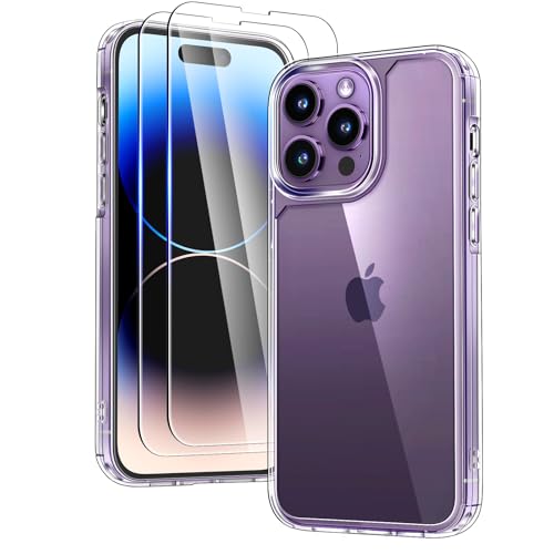 TAURI 5 in 1 für iPhone 14 Pro Hülle mit Schutzfolie, mit 1 Handyhülle + 2 Stück Schutzfolie + 2 Stück Kameraschutz, Anti-Gelb Stoßfest Case 360 Grad Schutzhülle - Transparent von TAURI