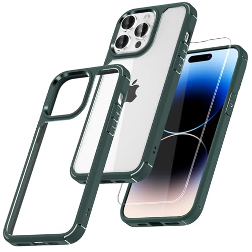 TAURI 5 in 1 für iPhone 14 Pro Max Hülle mit Schutzfolie, mit 1 Handyhülle + 2 Stück Schutzfolie + 2 Stück Kameraschutz [Militärischer Schutz] Anti-Gelb Stoßfest Case 360 Grad Schutzhülle - Grün von TAURI