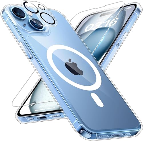 TAURI 5 in 1 für iPhone 15 Hülle [Kompatibel mit MagSafe], 2 Schutzfolie + 2 Kameraschutz, Handyhülle iPhone 15 Case 6,1 Zoll -Transparent von TAURI
