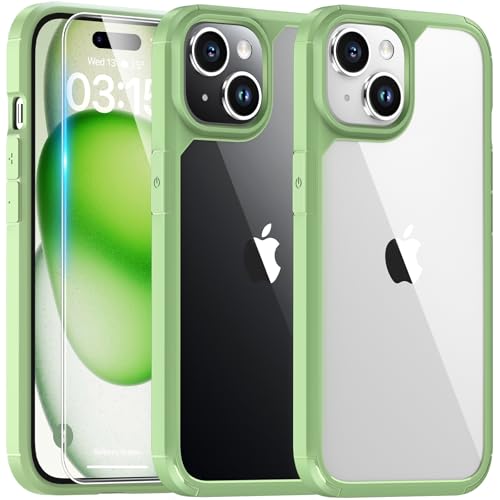 TAURI 5 in 1 für iPhone 15 Hülle mit Schutzfolie, mit 1 Handyhülle + 2 Stück Schutzfolie + 2 Stück Kameraschutz, Anti-Gelb Stoßfest Case 360 Grad Schutzhülle - Hellgrün von TAURI