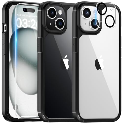 TAURI 5 in 1 für iPhone 15 Hülle mit Schutzfolie, mit 1 Handyhülle + 2 Stück Schutzfolie + 2 Stück Kameraschutz, Anti-Gelb Stoßfest Case 360 Grad Schutzhülle - Schwarz von TAURI