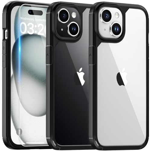 TAURI 5 in 1 für iPhone 15 Plus Hülle mit Schutzfolie, mit 1 Handyhülle + 2 Stück Schutzfolie + 2 Stück Kameraschutz [Militärischer Schutz] Anti-Gelb Stoßfest Case 360 Grad Schutzhülle - Schwarz von TAURI