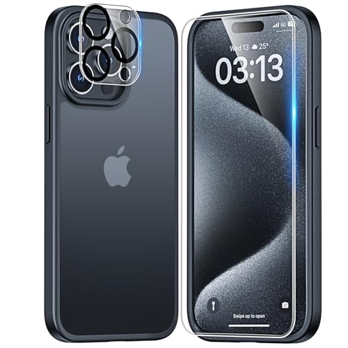 TAURI 5 in 1 für iPhone 15 Pro Hülle, Matte Handyhülle für iPhone 15 Pro Case, mit 1 Handyhülle + 2 Stück Displayschutzfolien + 2 Stück Kameraschutz, Schlanke Hülle für iPhone 15 Pro - Matte Schwarz von TAURI