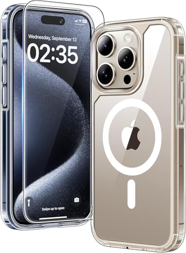 TAURI 3 in 1 für iPhone 15 Pro Hülle 6,1" mit 2 Stück Panzerglas Schutzfolie, Kompatibel mit MagSafe, Schutz nach Militärstandard, [Anti-Vergilbung] Stoßfest Magnetisch Handyhülle - Durchsichtig von TAURI