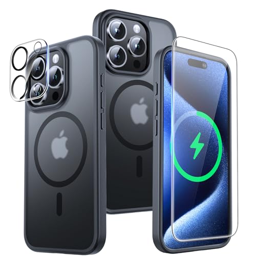 TAURI 5 in 1 für iPhone 15 Pro Hülle [Kompatibel mit Magsafe], mit 2 Displayschutzfolien + 2 Kameraschutz, Matte Handyhülle für iPhone 15 Pro Case 6,1 Zoll - Matte Schwarz von TAURI