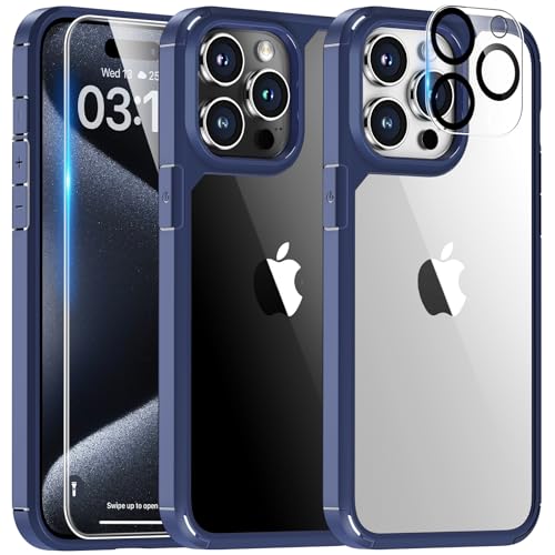 TAURI 3 in 1 für iPhone 15 Pro Hülle, 1 Handyhülle+2 Schutzfolie, [Nie Vergilbung] Handyhülle für iPhone 15 Pro Case Schlanke Stoßfeste Anti-Kratzt - Blau von TAURI