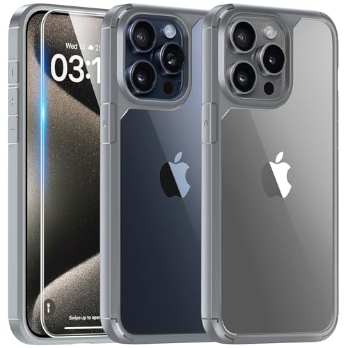 TAURI 5 in 1 für iPhone 15 Pro Hülle mit Schutzfolie, mit 1 Handyhülle + 2 Stück Schutzfolie + 2 Stück Kameraschutz [Militärischer Schutz] Anti-Gelb Stoßfest Case 360 Grad Schutzhülle - Grau von TAURI