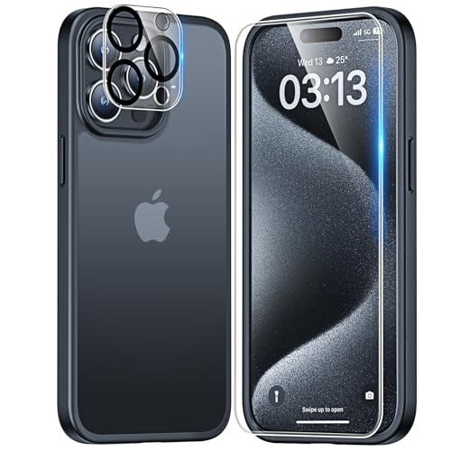 TAURI 5 in 1 für iPhone 15 Pro Max Hülle, Matte Handyhülle für iPhone 15 Pro Max Case, mit 1 Handyhülle + 2 Stück Displayschutzfolien + 2 Stück Kameraschutz, Schlanke Hülle - Matte Schwarz von TAURI