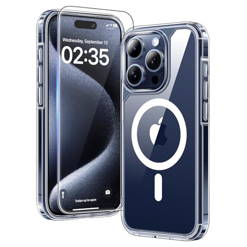 TAURI 5 in 1 für iPhone 15 Pro Max Hülle [Kompatibel mit Magsafe], 2 Folie + 2 Kameraschutz, Handyhülle iPhone 15 Pro Max Case 6,7 Zoll - Transparent von TAURI