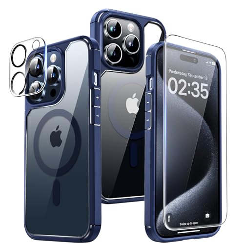 TAURI 5 in 1 für iPhone 15 Pro Max Hülle [Kompatibel mit ] [Schutz in Militärqualität], 2 Panzerglasfolie + 2 Kameralinsenschutz, Handyhülle 15 Pro Max Case 6,7 Zoll - Blau von TAURI