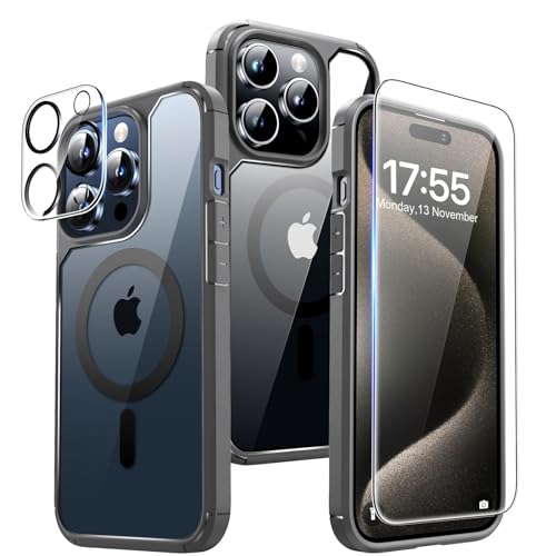 TAURI 5 in 1 für iPhone 15 Pro Max Hülle [Kompatibel mit ] [Schutz in Militärqualität], 2 Panzerglasfolie + 2 Kameralinsenschutz, Handyhülle 15 Pro Max Case 6,7 Zoll -Grau von TAURI