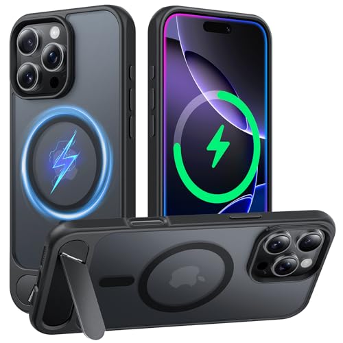 TAURI für iPhone 16 Pro Hülle 6,3" mit Verstellbarem Ständer, Kompatibel mit MagSafe, Transluzente Matte Rückseite der Handyhülle, Militärgradiger Schutz, Stoßfest Magnetisch Schutzhülle - Schwarz von TAURI