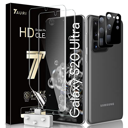 TAURI Schutzfolie Kompatibel Mit Samsung Galaxy S20 Ultra und S20 Ultra 5G 2 Stück TPU Folie und 2 Stück Kamera tempered glass Fingerabdruck-ID Unterstützen Blasenfreie Klar HD Displayschutz von TAURI