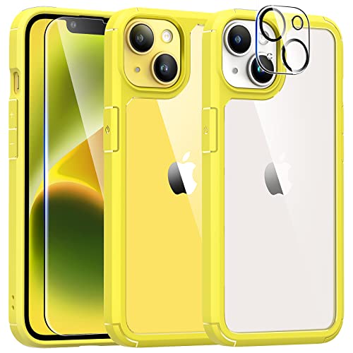 TAURI Schutzhülle für iPhone 14, 5-in-1-Set, enthält 1 Schutzhülle + 2 Displayschutzfolien + 2 Rückseitenschutz, [militärischer Schutz], stoßfest, gelb, 360-Grad-Abdeckung – Gelb von TAURI