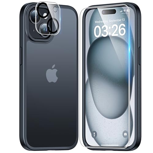 TAURI Schutzhülle für iPhone 15, [5-in-1] 1 Schutzhülle [Anti-Gelb] + 2 Displayschutzfolien + 2 Rückseitenschutz, stoßfest, 360-Grad-Abdeckung – Schwarz von TAURI