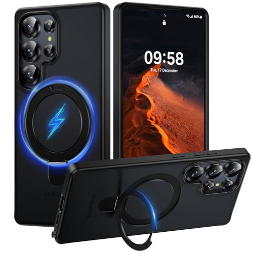 TAURI für Samsung Galaxy S25 Ultra Hülle mit Ring Stand [Kompatibel mit MagSafe&Wireless Charging][Military Grade Drop Tested] Translucent Hard Back Soft Edge, Schwarz von TAURI