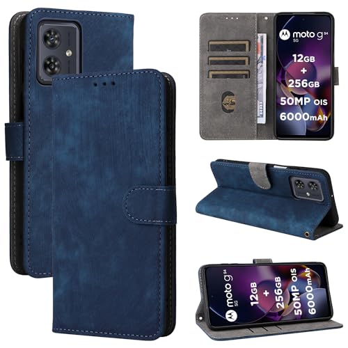 TAUYN Flip Folio Hülle für Motorola Moto G54 5G, RFID Funktion Handyhülle, PU/TPU Leder Kartenschlitz Schutzhülle - Blau von TAUYN