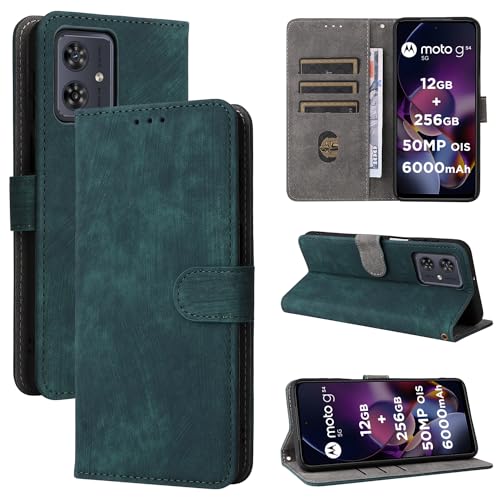 TAUYN Flip Folio Hülle für Motorola Moto G54 5G, RFID Funktion Handyhülle, PU/TPU Leder Kartenschlitz Schutzhülle - Grün von TAUYN