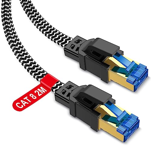 Cat 8 Ethernet Kabel 2 meter, Flach POE Lan Kabel 40Gbps 2000Mhz Hochgeschwindigkeits Netzwerkkabel Flach Gigabit RJ45 Kabel Nylon geflochtener Patchkabel für Router Modem TV PC von TBMax