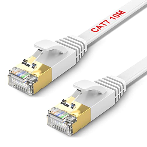 TBMax 10m Netzwerkkabel Flach Cat 7 Ethernet Kabel 10 Gbit/s - Gigabit Lan Kabel 10meter - RJ45 Patchkabel STP kompatibel mit PS5, PS4, Xbox One, Router, TV, Switch, Modem, weiß von TBMax