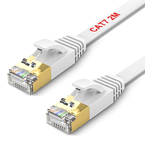 TBMax 2m Netzwerkkabel Cat 7 Ethernet Kabel 10Gbit/s 600Mhz Gigabit Ethernet-Netzwerkkabel LAN Kabel Flaches Patchkabel mit RJ45 kompatibel mit Cat.6/Cat5 für Router/Modem/Switch/PS4Weiß von TBMax